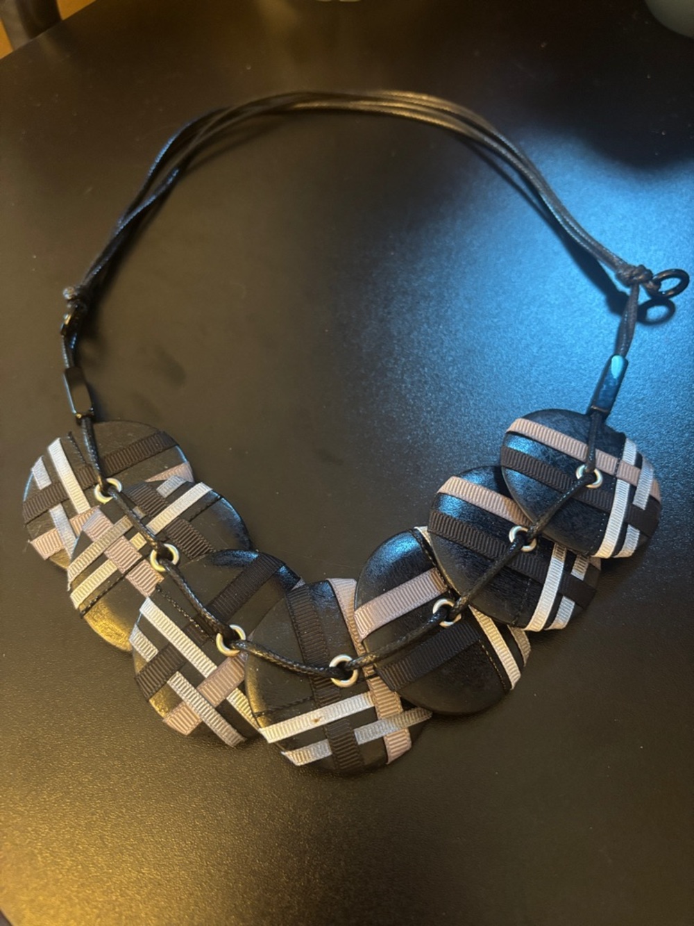 Adjustable Black and Grey Woven Disc Statement Necklace